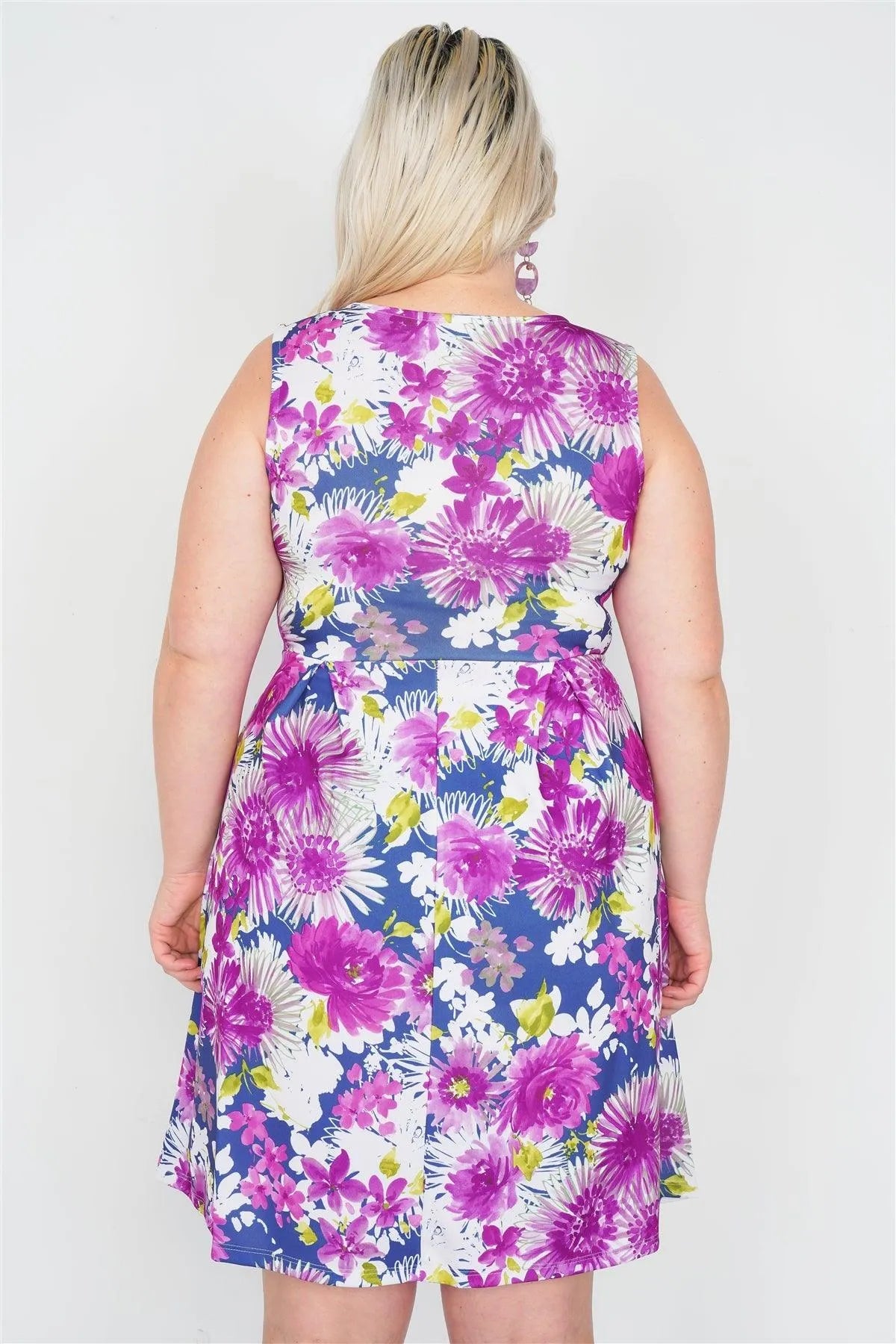 Junior Plus Size Purple Navy Watercolor Floral Print Casual Midi Dress /2-2-2 - Tasha Apparel Wholesale