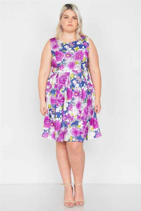 Junior Plus Size Purple Navy Watercolor Floral Print Casual Midi Dress /3-3-2 - Tasha Apparel Wholesale