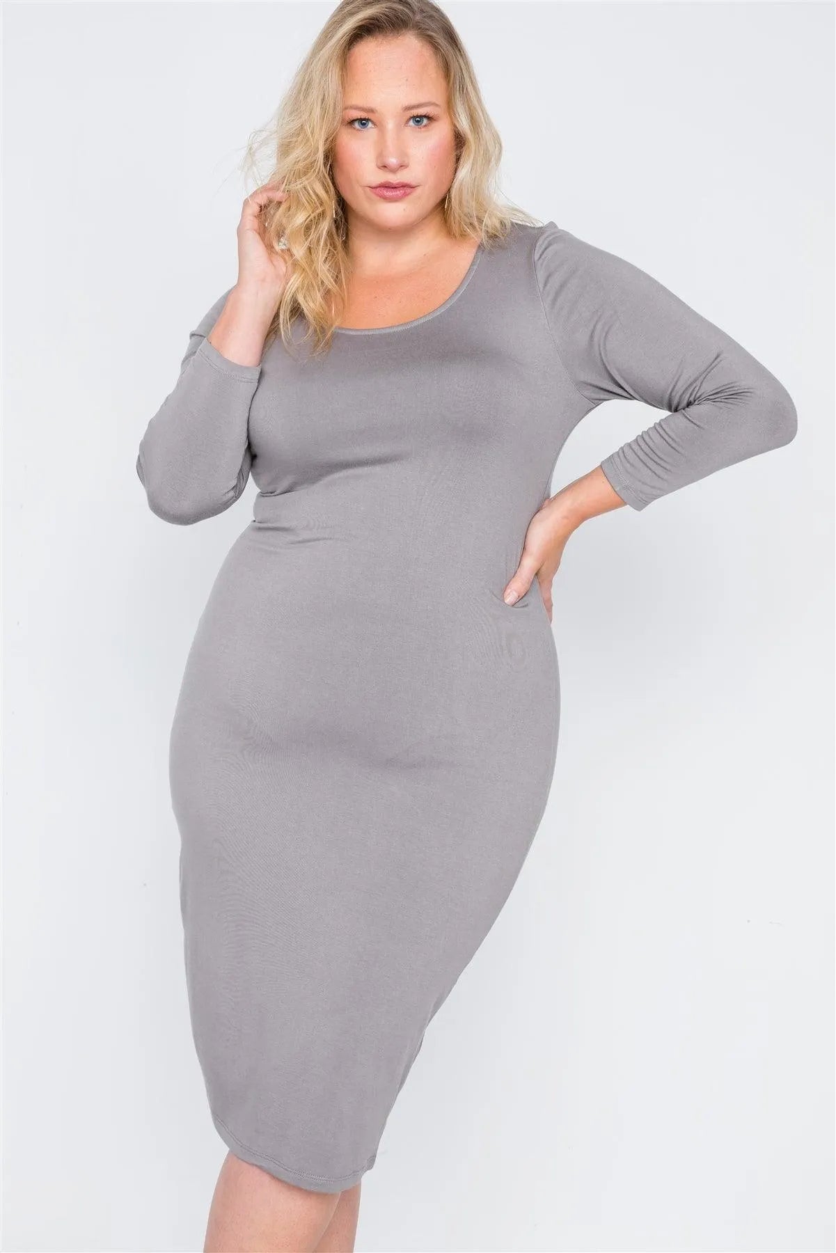 Junior Plus Size Grey Basic Bodycon Midi Dress /2-2-2 - Tasha Apparel Wholesale
