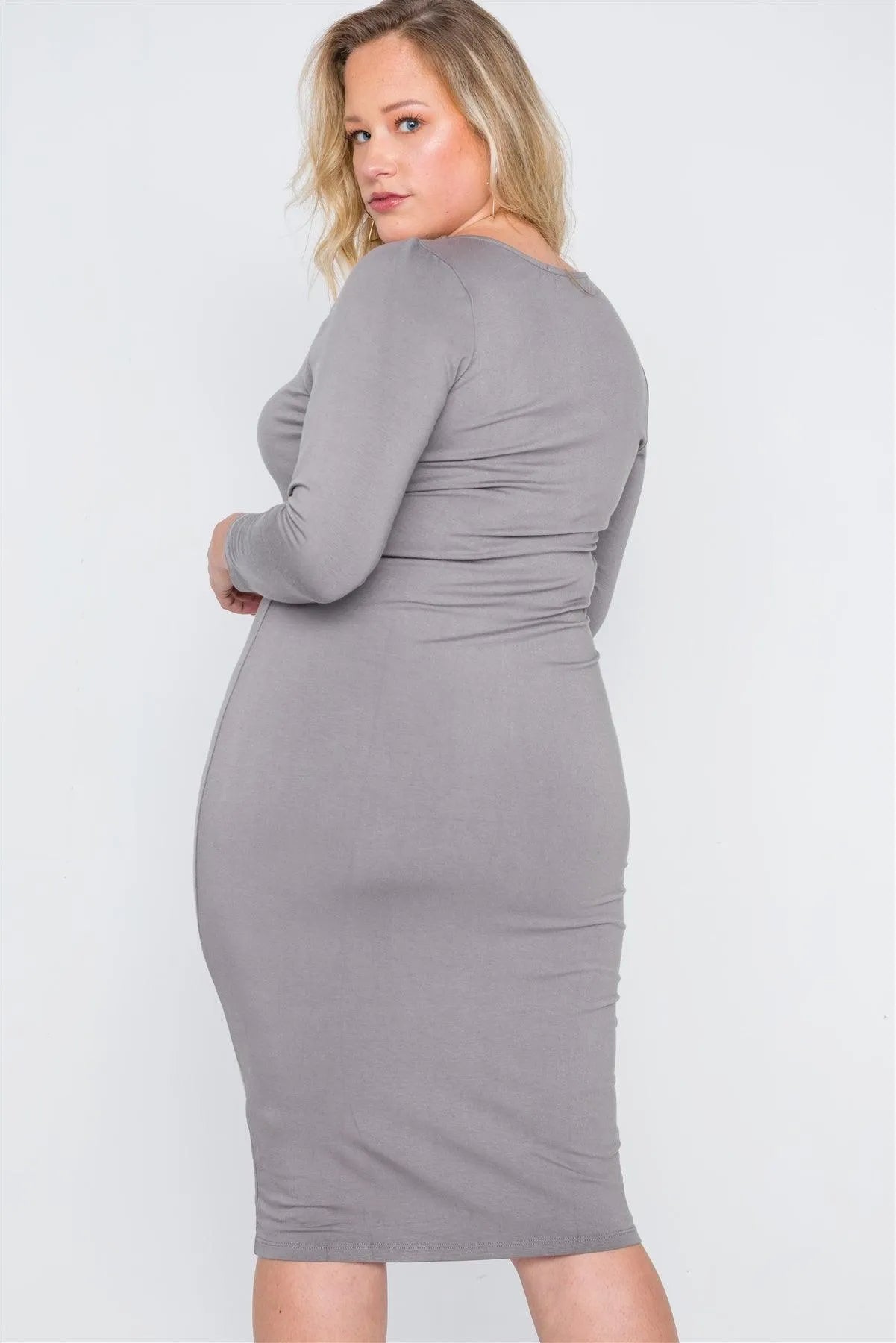 Junior Plus Size Grey Basic Bodycon Midi Dress /2-2-2 - Tasha Apparel Wholesale