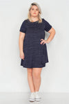 Junior Plus Size Midnight Navy Flare Casual Cuffed Short Sleeve Mini Shirt Dress /3-2-1 - Tasha Apparel Wholesale