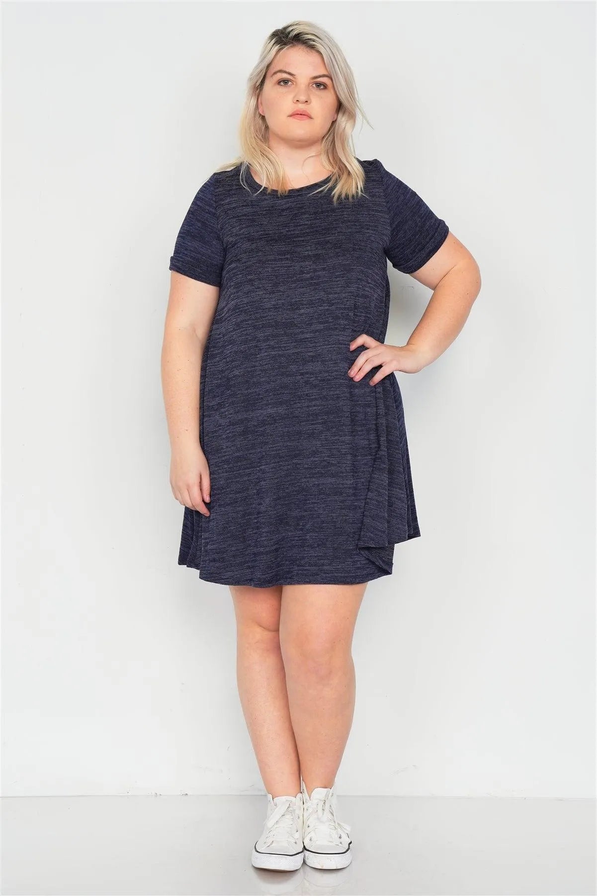 Junior Plus Size Midnight Navy Flare Casual Cuffed Short Sleeve Mini Shirt Dress /3-2-1 - Tasha Apparel Wholesale