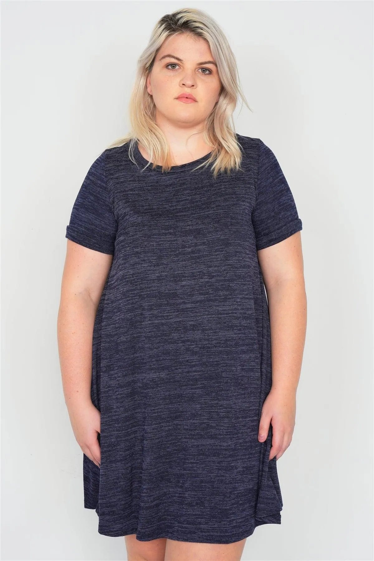 Junior Plus Size Midnight Navy Flare Casual Cuffed Short Sleeve Mini Shirt Dress /3-2-1 - Tasha Apparel Wholesale