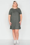 Junior Plus Size Olive Flare Casual Cuffed Short Sleeve Mini Shirt Dress  /2-2-2