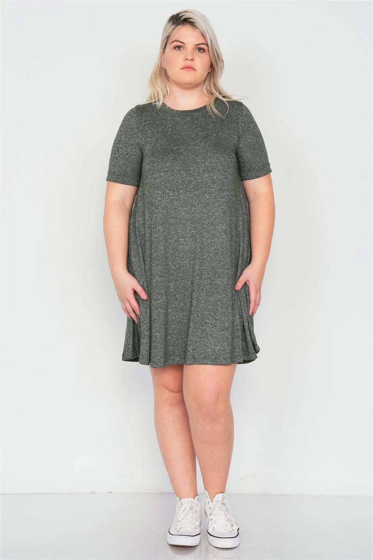 Junior Plus Size Olive Flare Casual Cuffed Short Sleeve Mini Shirt Dress /2-2-2 - Tasha Apparel Wholesale