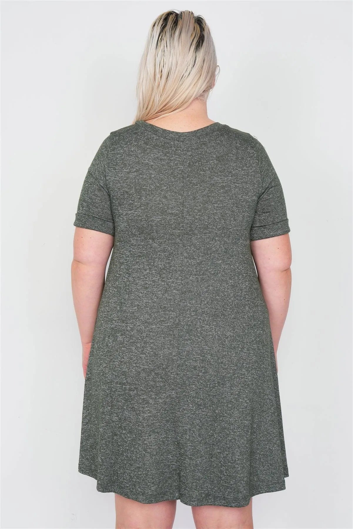 Junior Plus Size Olive Flare Casual Cuffed Short Sleeve Mini Shirt Dress /2-2-2 - Tasha Apparel Wholesale