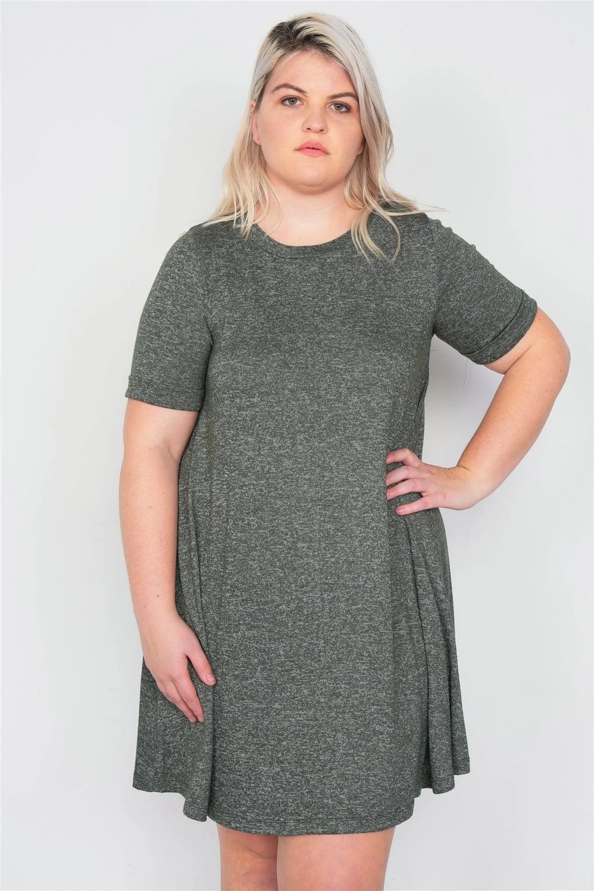 Junior Plus Size Olive Flare Casual Cuffed Short Sleeve Mini Shirt Dress /2-2-2 - Tasha Apparel Wholesale