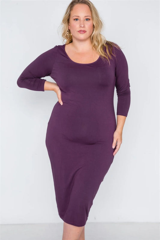 Junior Plus Size Berry Basic Long Sleeve Midi Dress /1-2-2-1 - Tasha Apparel Wholesale