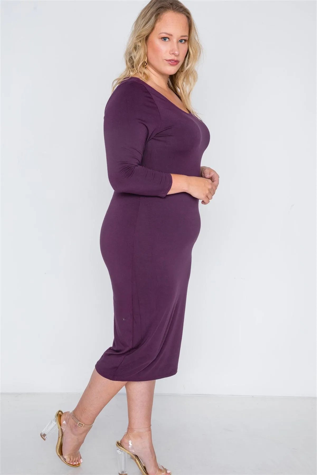 Junior Plus Size Berry Basic Long Sleeve Midi Dress /1-2-2-1 - Tasha Apparel Wholesale