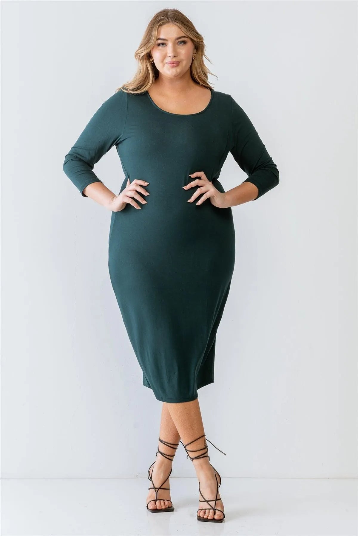 Junior Plus Size Green Basic Long Sleeve Midi Dress /1-2-2-1 - Tasha Apparel Wholesale