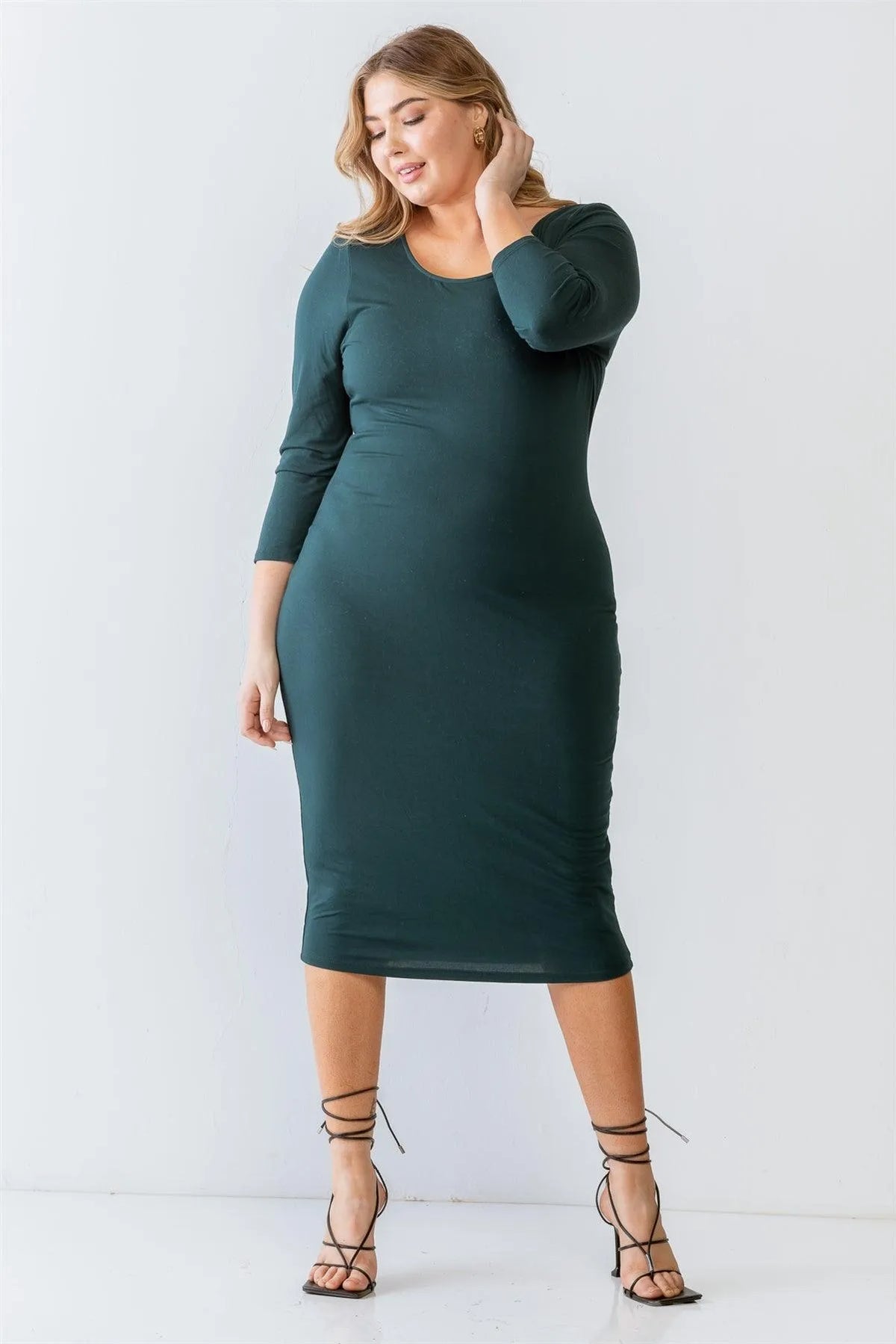 Junior Plus Size Green Basic Long Sleeve Midi Dress /1-2-2-1 - Tasha Apparel Wholesale