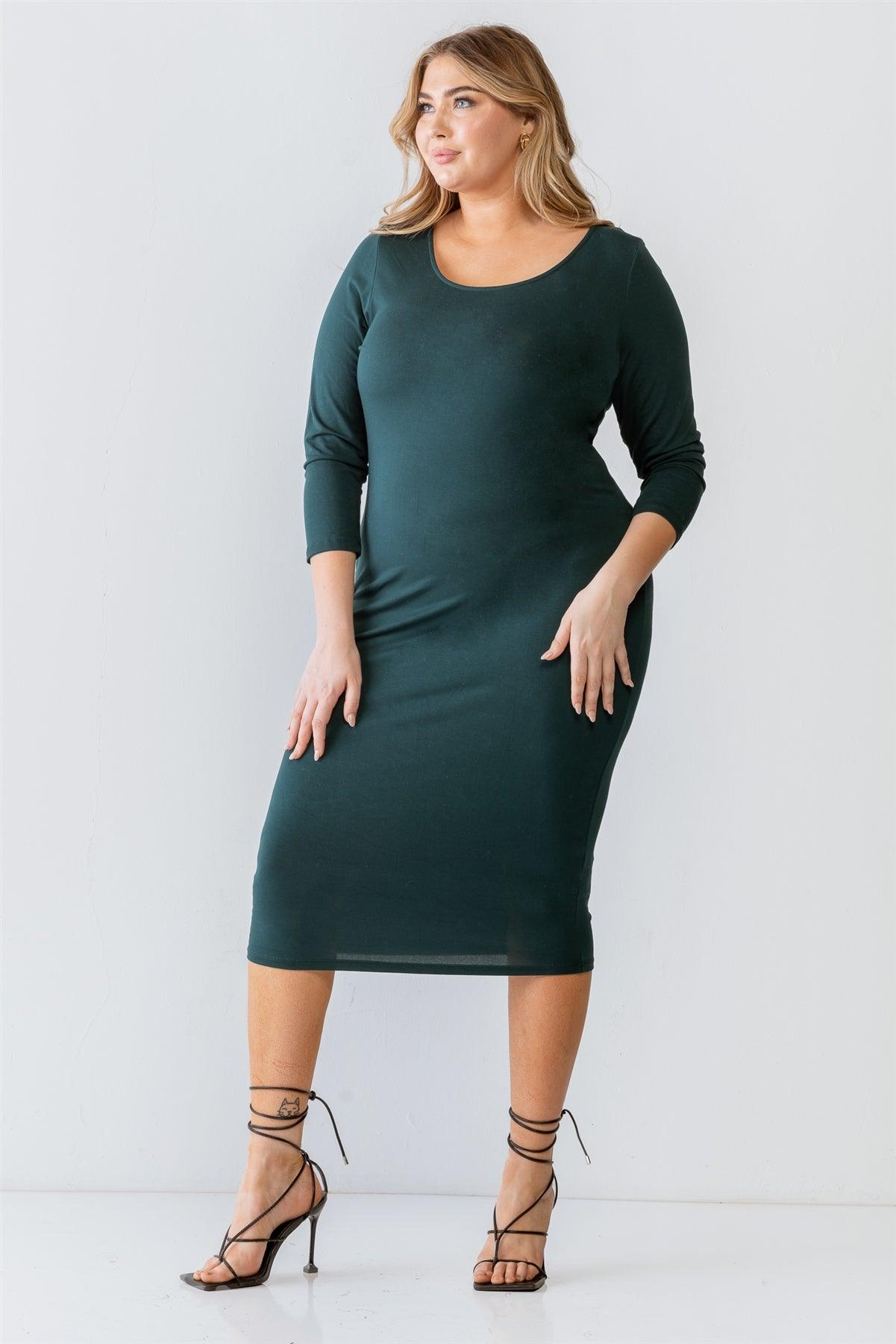 Junior Plus Size Green Basic Long Sleeve Midi Dress /1-2-2-1