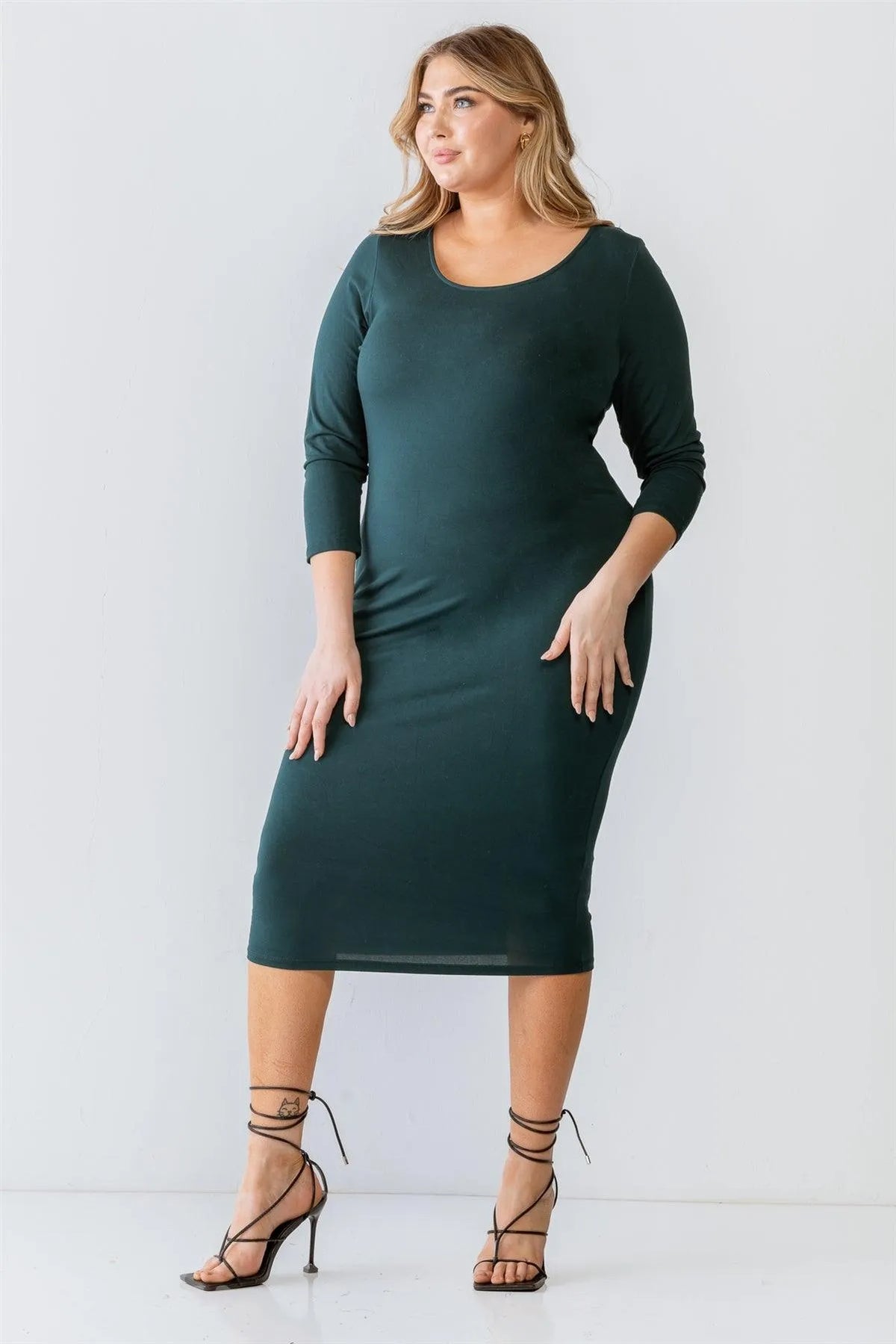 Junior Plus Size Green Basic Long Sleeve Midi Dress /1-2-2-1 - Tasha Apparel Wholesale