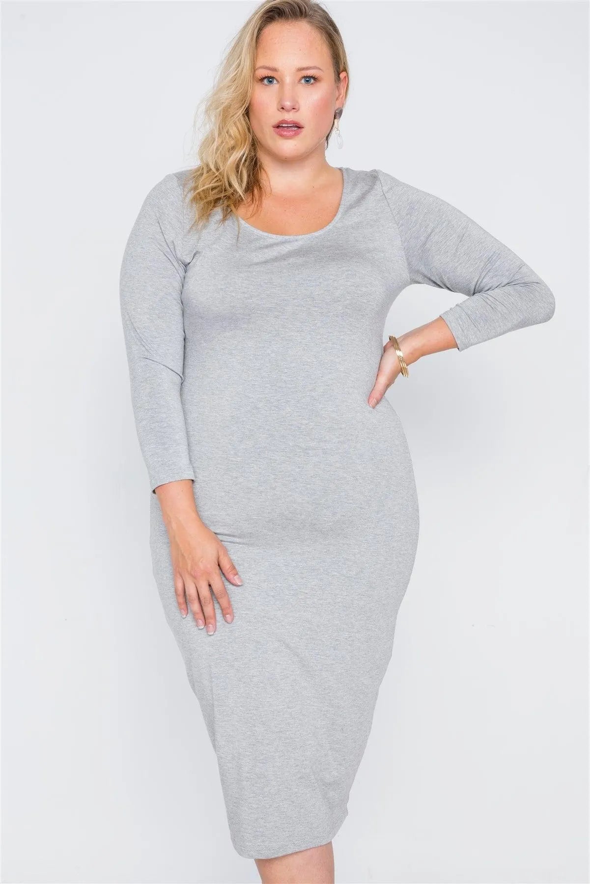 Junior Plus Size Grey Basic Long Sleeve Midi Dress /1-2-2-1 - Tasha Apparel Wholesale