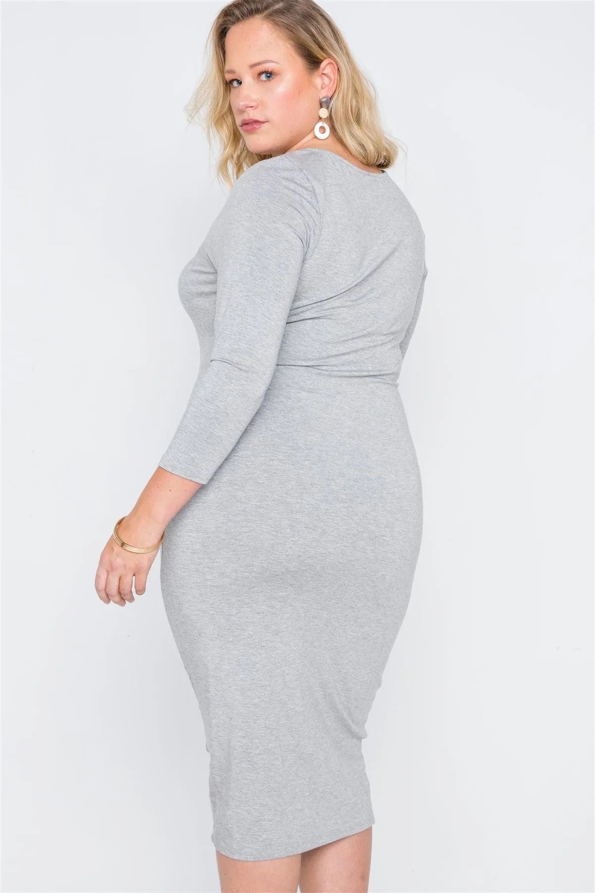Junior Plus Size Grey Basic Long Sleeve Midi Dress /1-2-2-1 - Tasha Apparel Wholesale