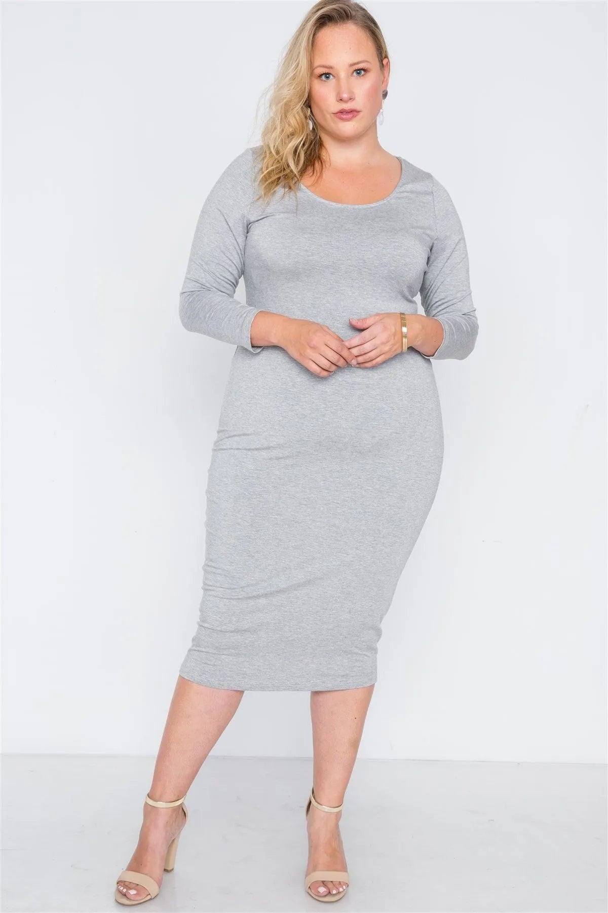 Junior Plus Size Grey Basic Long Sleeve Midi Dress /1-2-2-1 - Tasha Apparel Wholesale