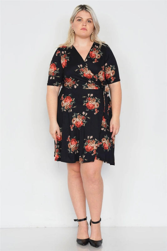 Junior Plus Size Black Floral Print Mock Wrap Casual V-Neck Midi Dress /1-2-2-1 - Tasha Apparel Wholesale