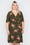 Junior Plus Size Olive Floral Print Mock Wrap Casual V-Neck Midi Dress /1-2-2-1