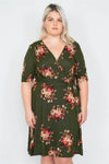 Junior Plus Size Olive Floral Print Mock Wrap Casual V-Neck Midi Dress /1-2-2-1 - Tasha Apparel Wholesale