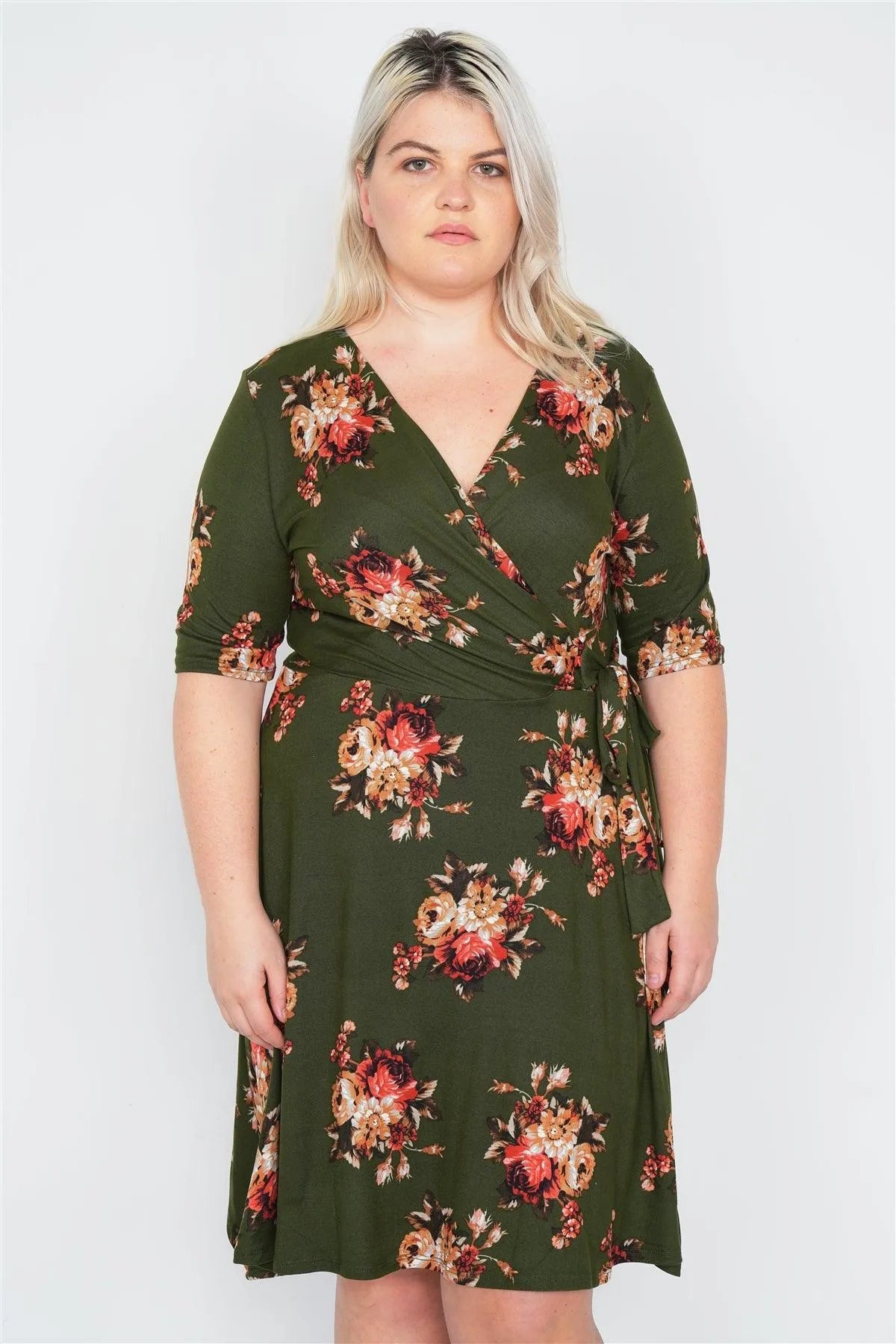 Junior Plus Size Olive Floral Print Mock Wrap Casual V-Neck Midi Dress /1-2-2-1 - Tasha Apparel Wholesale