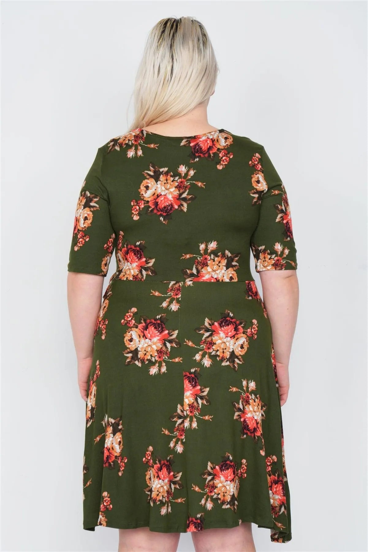 Junior Plus Size Olive Floral Print Mock Wrap Casual V-Neck Midi Dress /1-2-2-1 - Tasha Apparel Wholesale