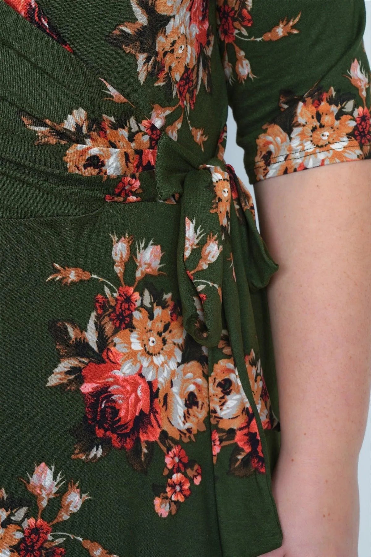 Junior Plus Size Olive Floral Print Mock Wrap Casual V-Neck Midi Dress /1-2-2-1 - Tasha Apparel Wholesale