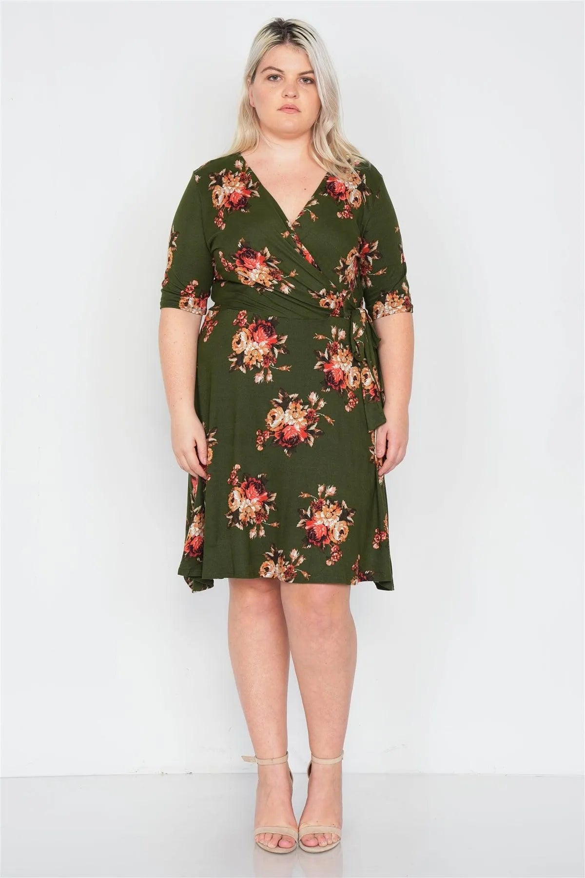 Junior Plus Size Olive Floral Print Mock Wrap Casual V-Neck Midi Dress /1-2-2-1 - Tasha Apparel Wholesale