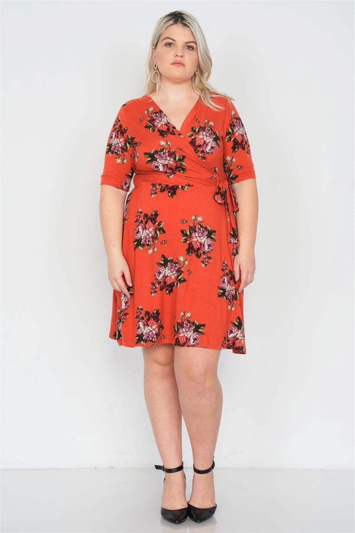 Junior Plus Size Rust Floral Print Mock Wrap Casual V-Neck Midi Dress /1-3-2 - Tasha Apparel Wholesale