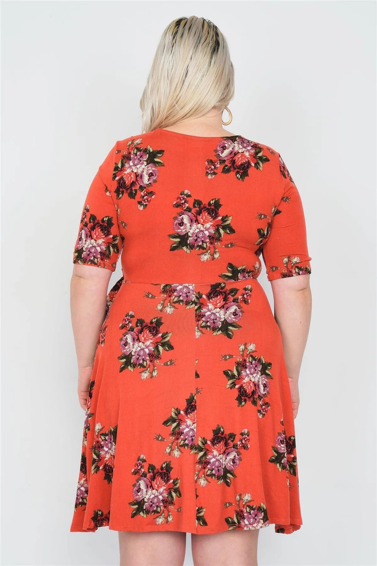 Junior Plus Size Rust Floral Print Mock Wrap Casual V-Neck Midi Dress /1-3-2 - Tasha Apparel Wholesale