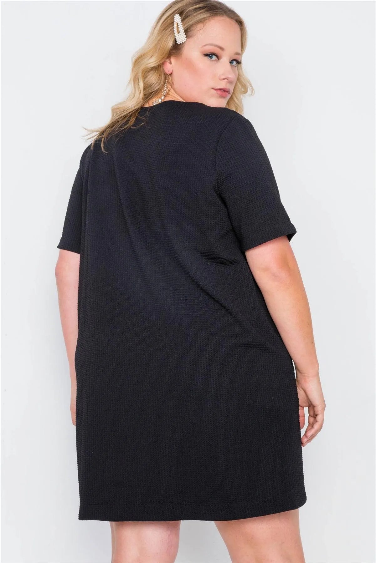 Plus Size Black Textured Short Sleeve Dress - Tasha Apparel Wholesale