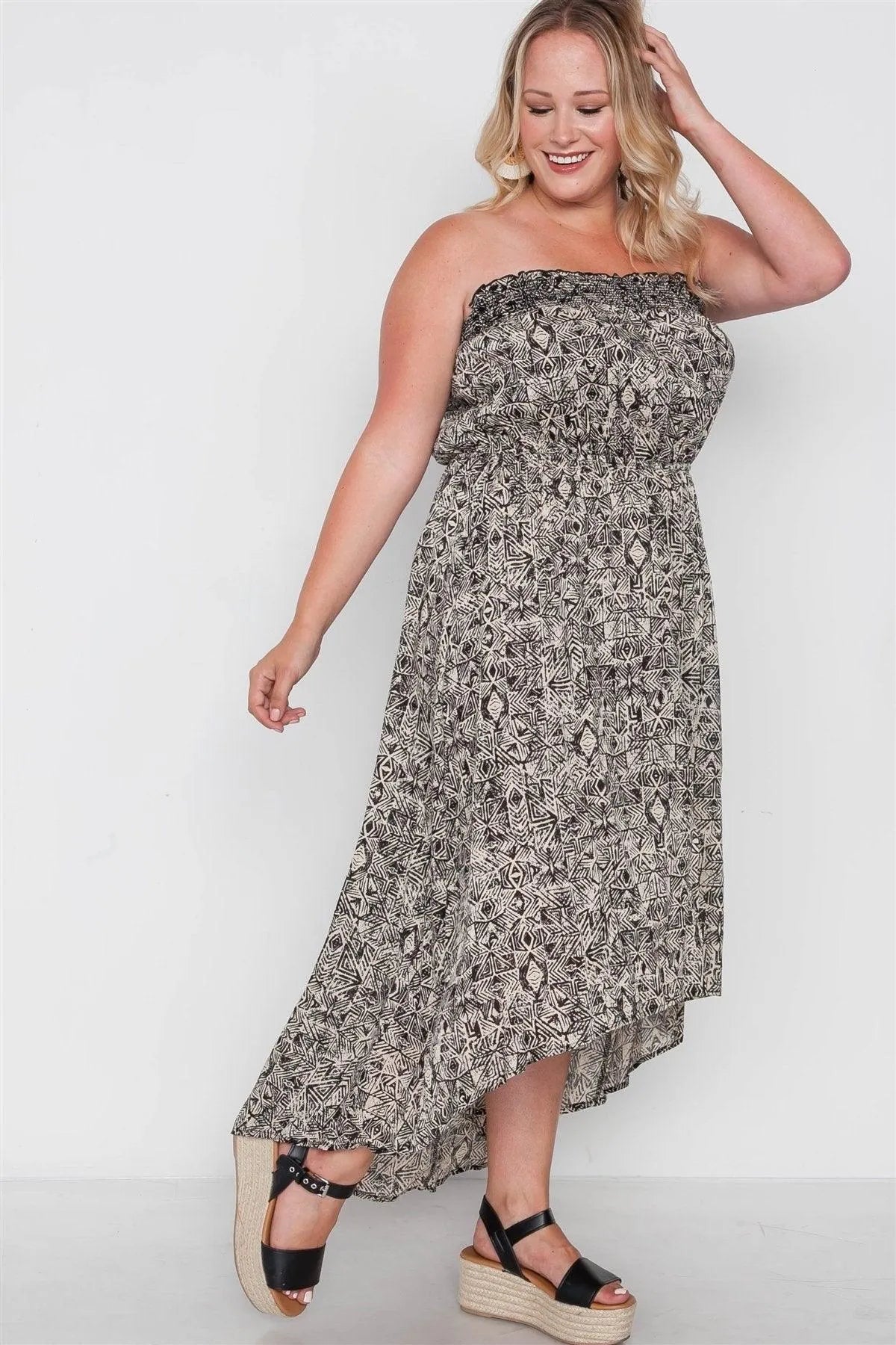 Plus Size Beige Black Strapless High-Low Boho Dress - Tasha Apparel Wholesale