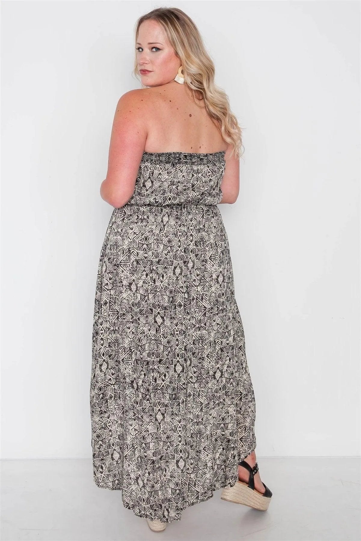 Plus Size Beige Black Strapless High-Low Boho Dress - Tasha Apparel Wholesale