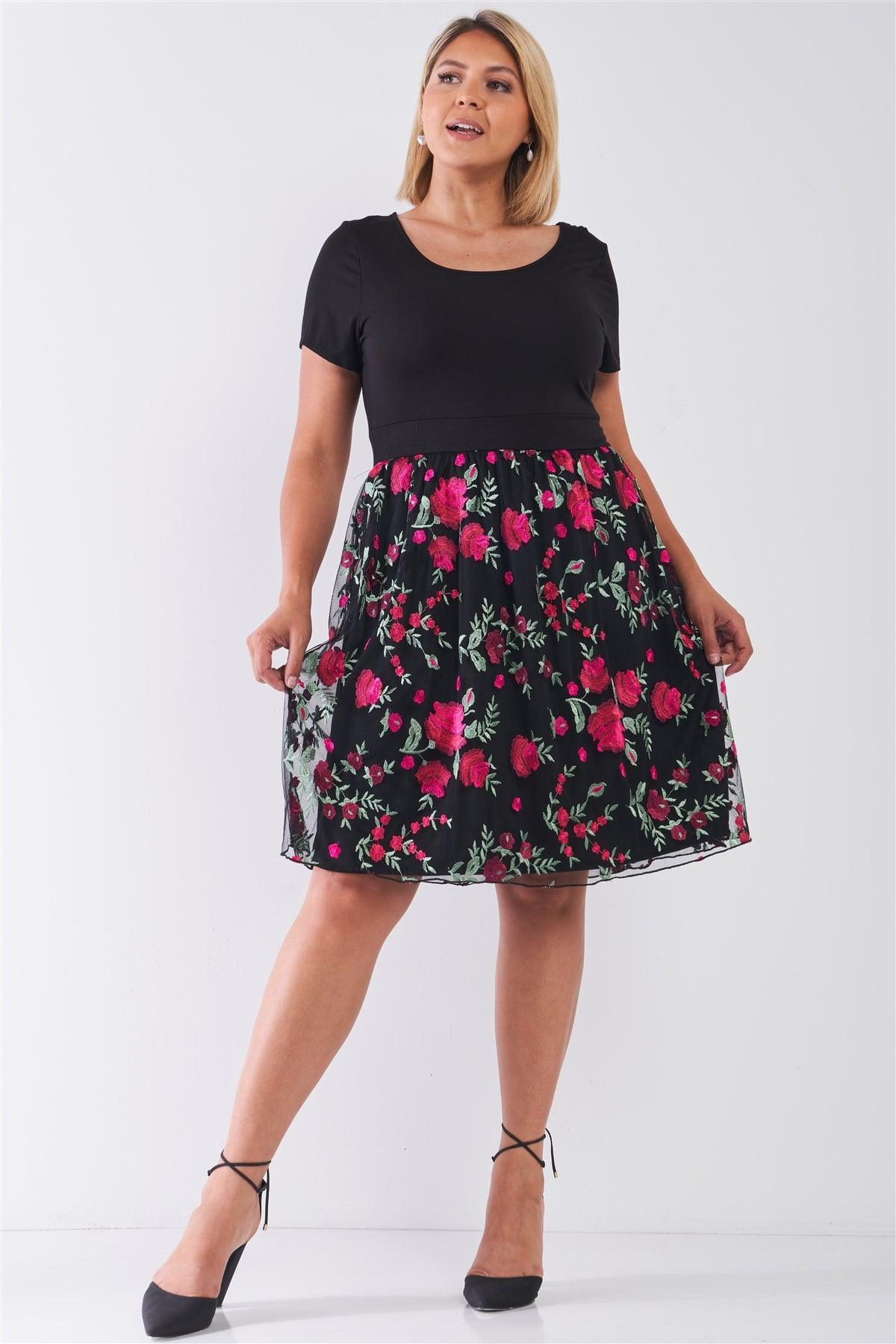 Plus Size Black Tulle Floral Print Mini Dress