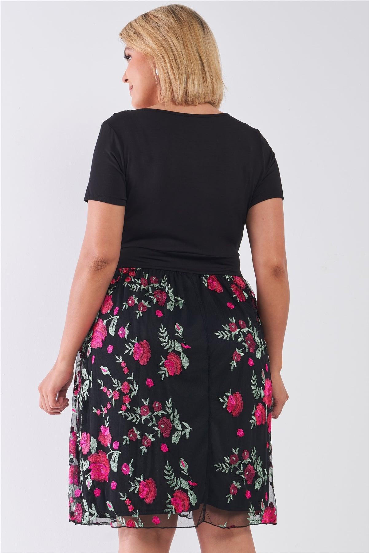Plus Size Black Tulle Floral Print Mini Dress
