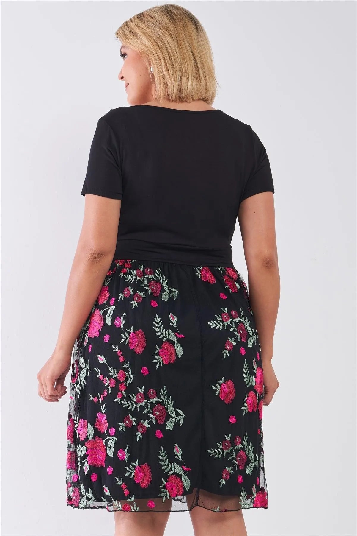 Junior Plus Size Black & Multi Short Sleeve Round Neck Floral Print Mini Dress /2-2-2 - Tasha Apparel Wholesale