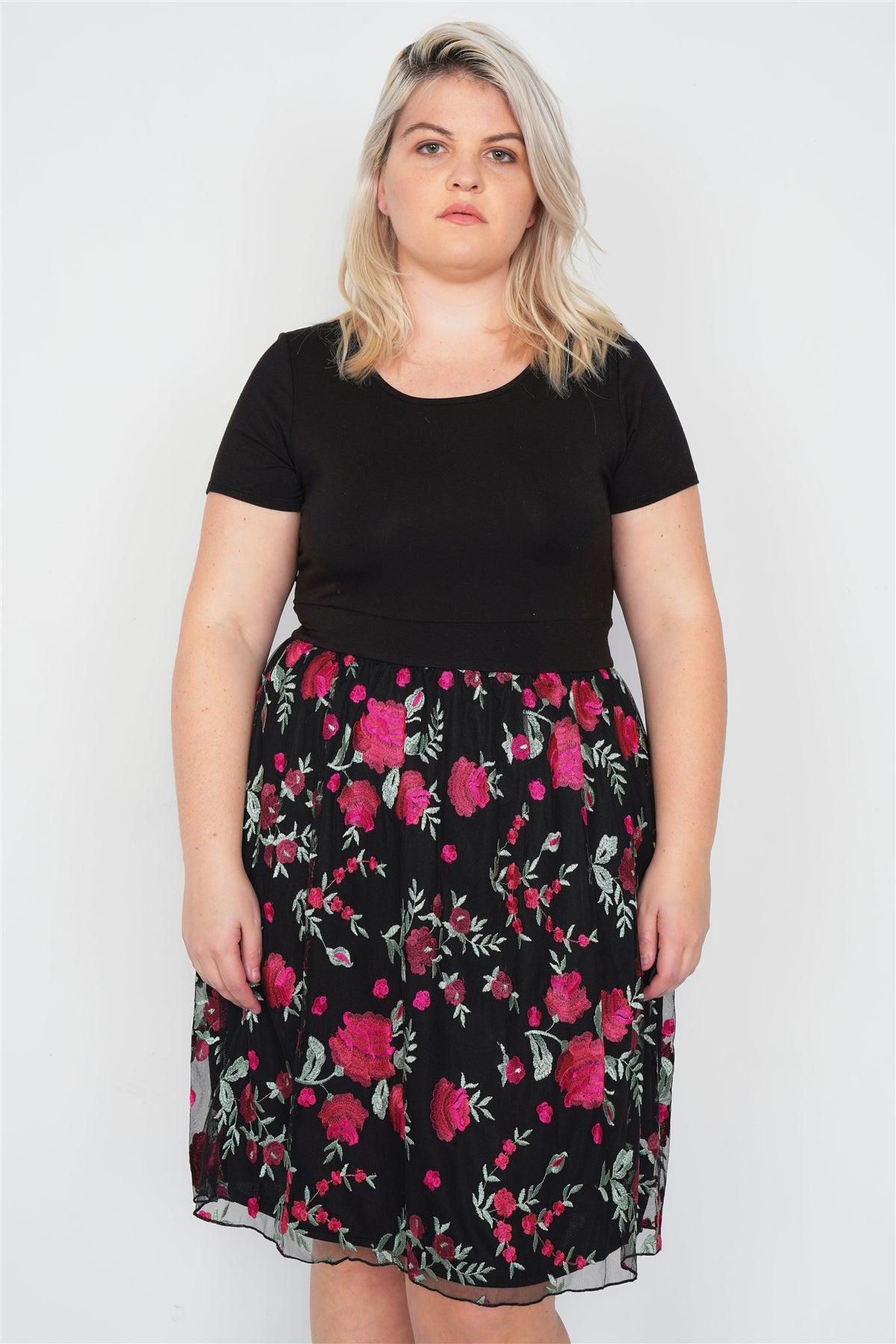 Junior Plus Size Black Tulle Floral Print Mini Dress   /1-2-3