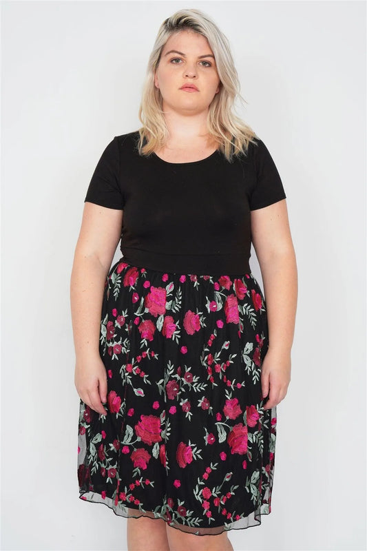 Junior Plus Size Black Tulle Floral Print Mini Dress /1-2-3 - Tasha Apparel Wholesale