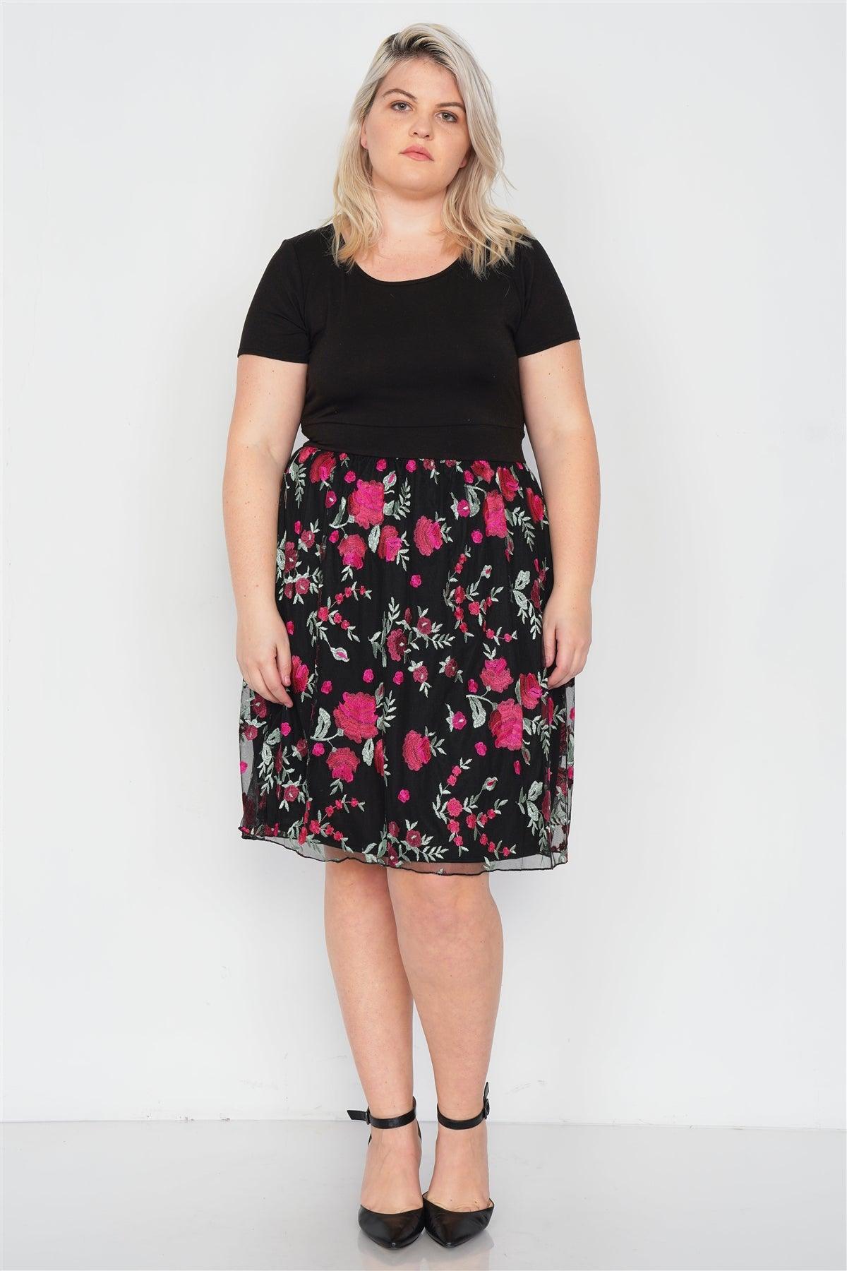 Junior Plus Size Black Tulle Floral Print Mini Dress   /1-2-3