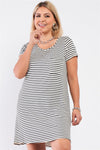 Junior Plus Ivory Black Striped Short Sleeve Loose Fit Back Cris-Cross T-Shirt Style Mini Dress /2-2-2
