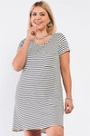 Junior Plus Ivory Black Striped Short Sleeve Loose Fit Back Cris-Cross T-Shirt Style Mini Dress /2-2-2 - Tasha Apparel Wholesale