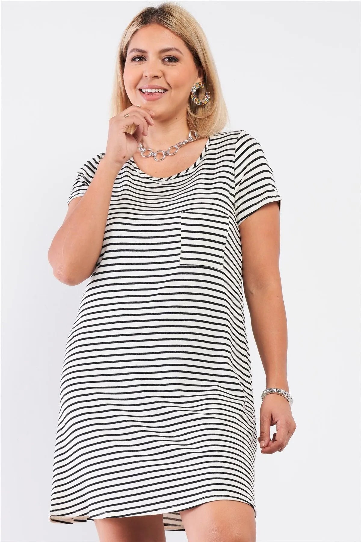 Junior Plus Ivory Black Striped Short Sleeve Loose Fit Back Cris-Cross T-Shirt Style Mini Dress /2-2-2 - Tasha Apparel Wholesale