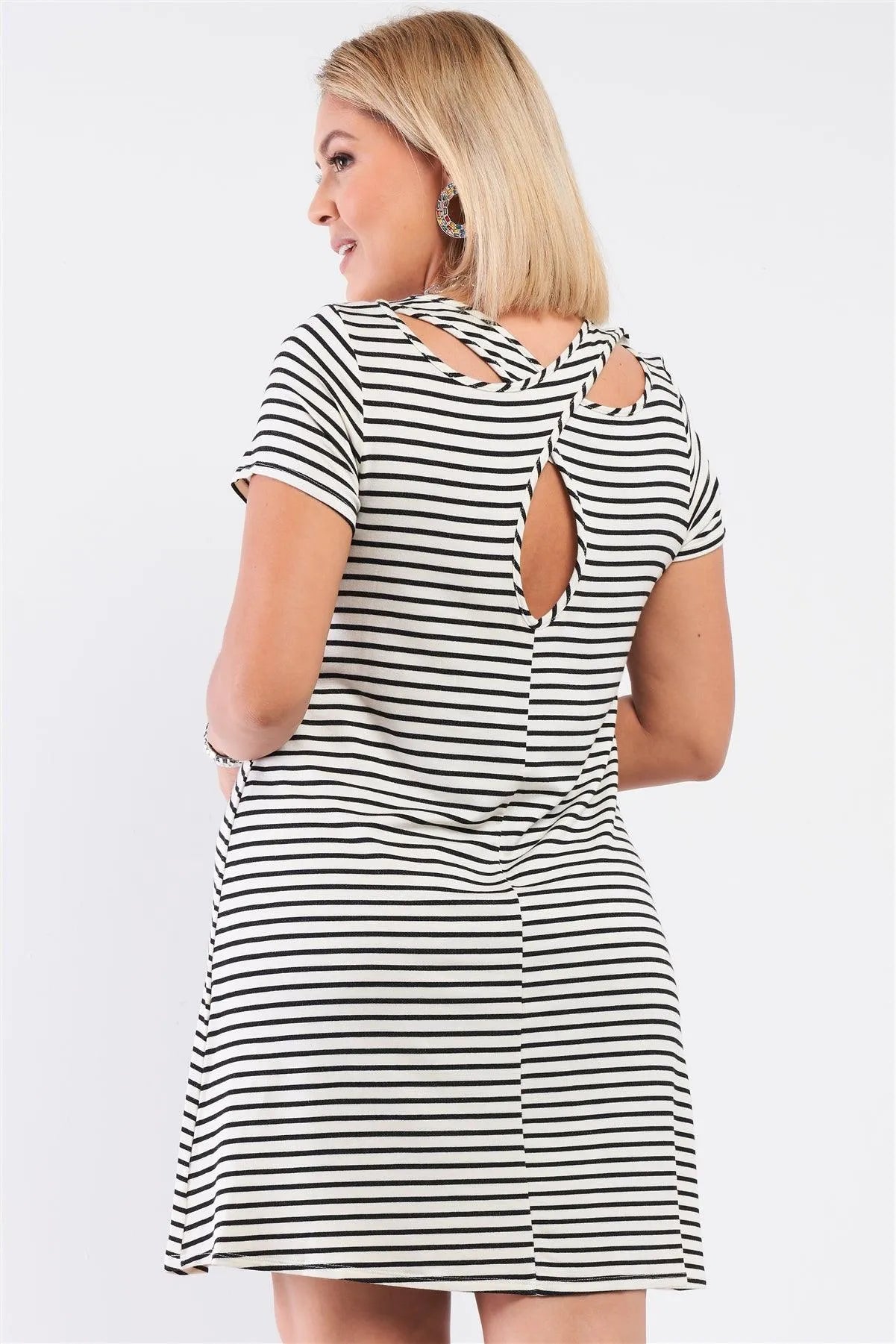 Junior Plus Ivory Black Striped Short Sleeve Loose Fit Back Cris-Cross T-Shirt Style Mini Dress /2-2-2 - Tasha Apparel Wholesale