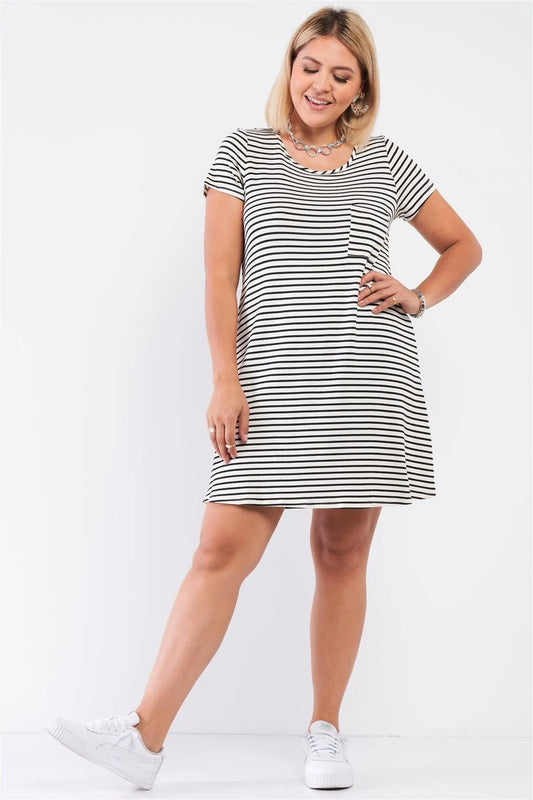 Junior Plus Ivory Black Striped Short Sleeve Loose Fit Back Cris-Cross T-Shirt Style Mini Dress /3-3 - Tasha Apparel Wholesale