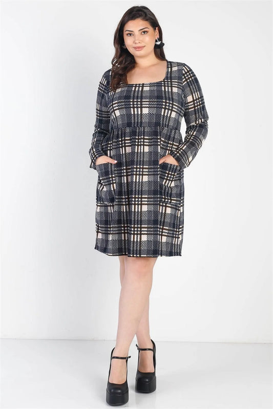Junior Plus Black Plaid Houndstooth Print Long Sleeve Mini Dress /2-2-1 - Tasha Apparel Wholesale