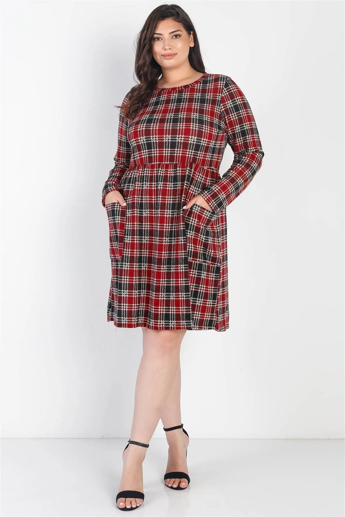 Junior Plus Black-Red Plaid Houndstooth Print Long Sleeve Mini Dress /3-2-1 - Tasha Apparel Wholesale