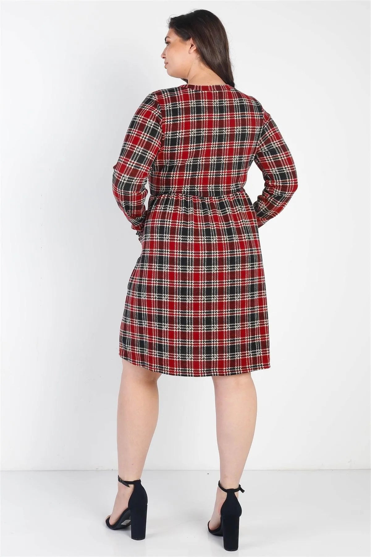 Junior Plus Black-Red Plaid Houndstooth Print Long Sleeve Mini Dress /3-2-1 - Tasha Apparel Wholesale