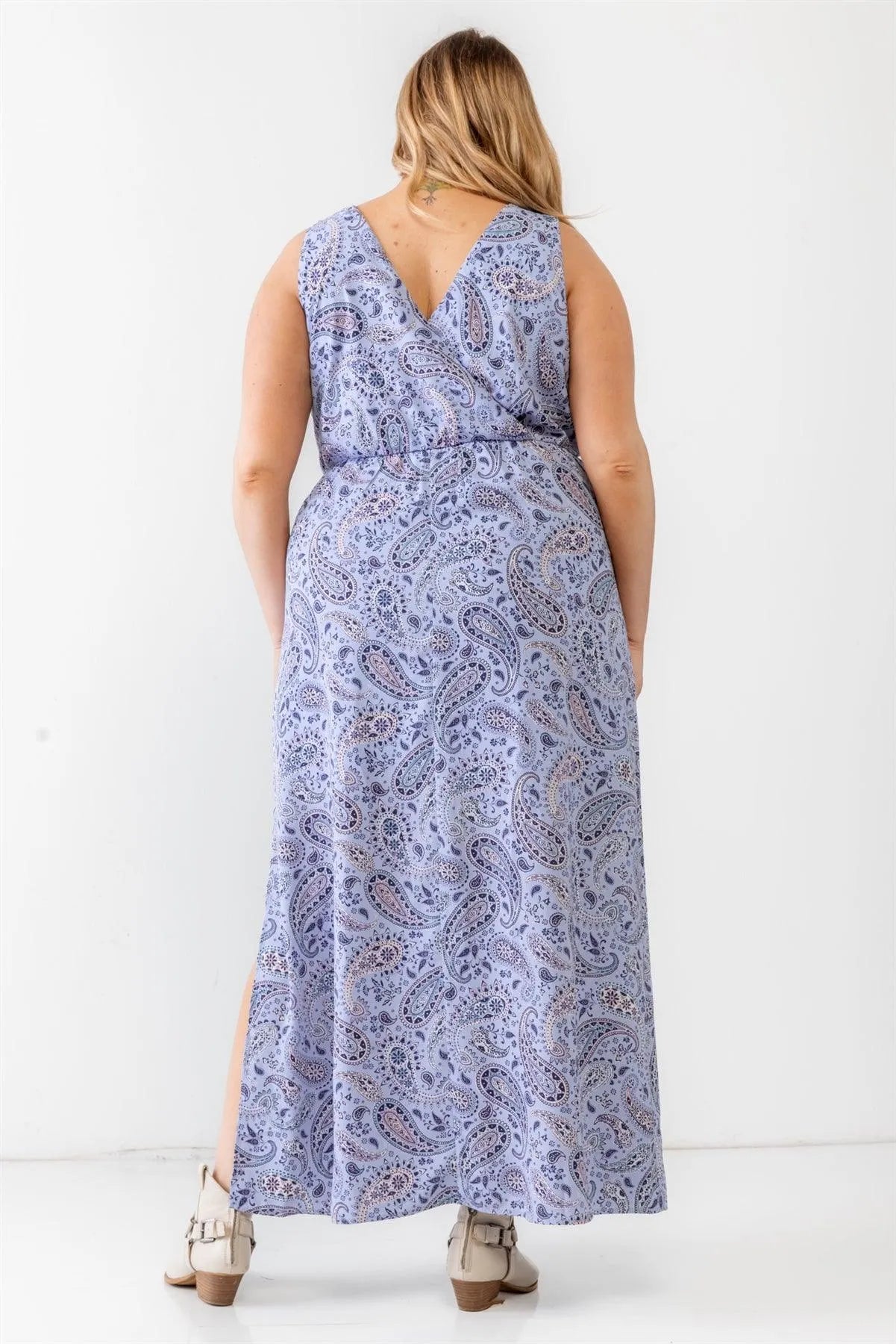 Junior Plus Lavender Paisley Wrap V-Neck Sleeveless Midi Dress /3-2-1 - Tasha Apparel Wholesale