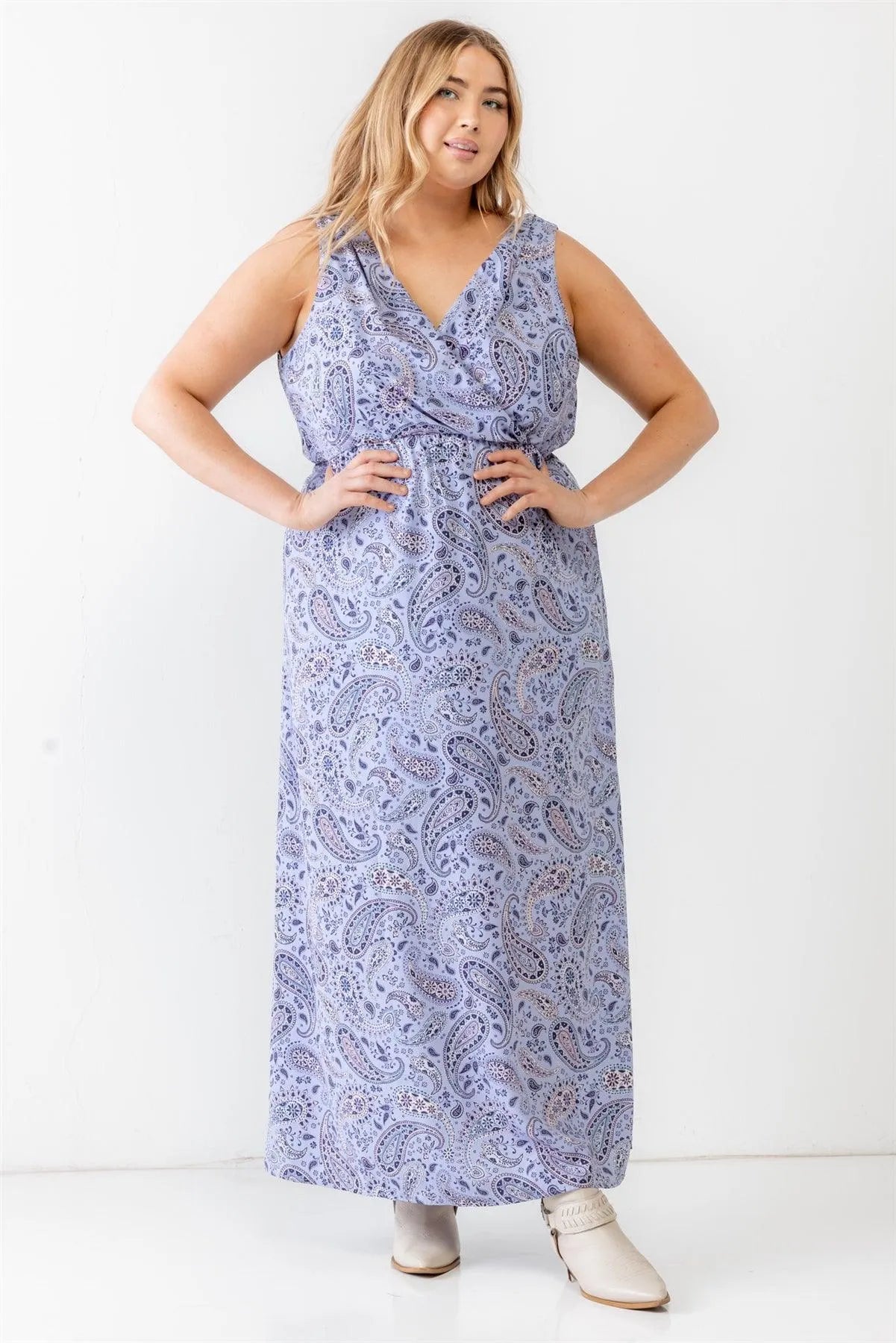 Junior Plus Lavender Paisley Wrap V-Neck Sleeveless Midi Dress /3-2-1 - Tasha Apparel Wholesale