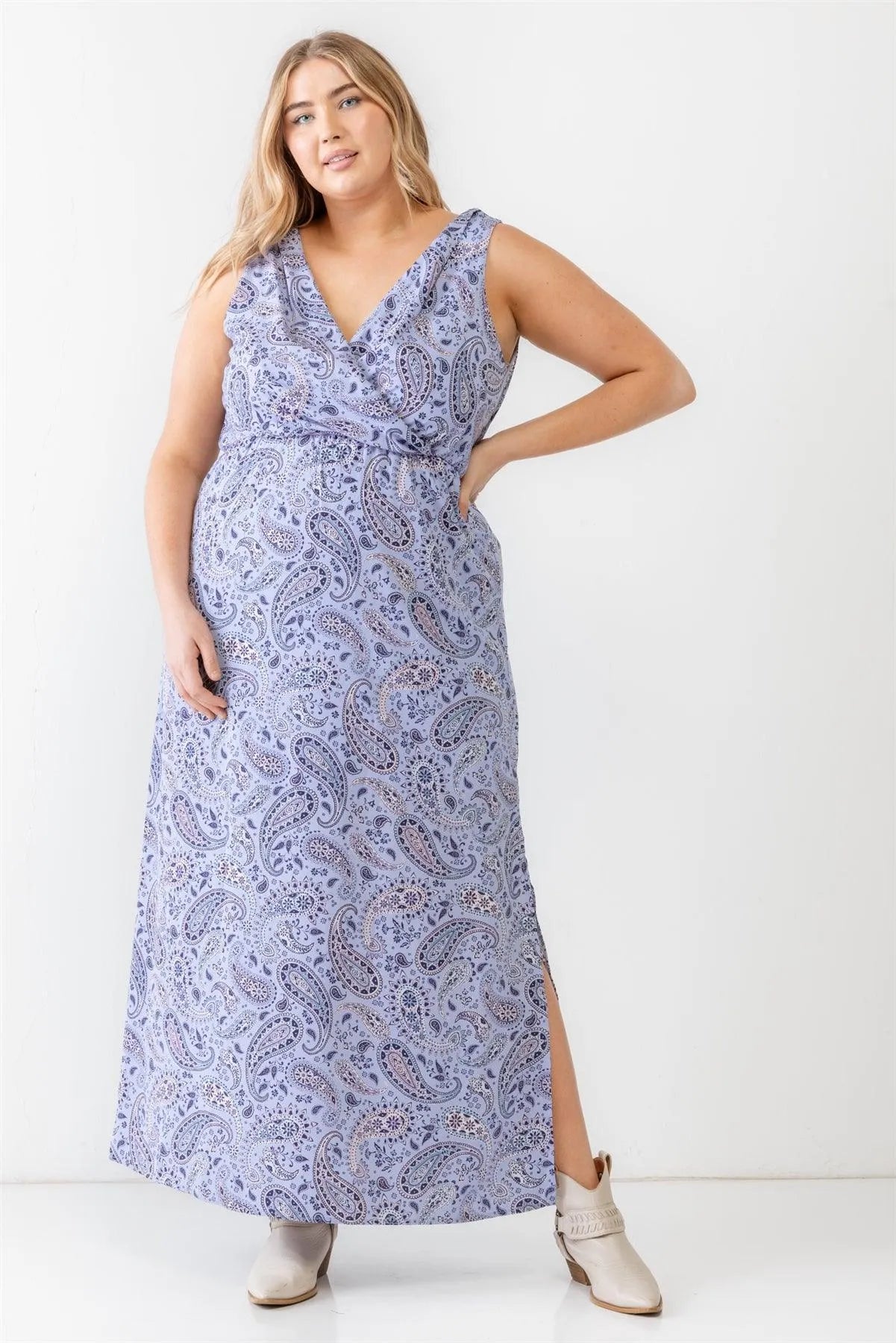 Junior Plus Lavender Paisley Wrap V-Neck Sleeveless Midi Dress /3-2-1 - Tasha Apparel Wholesale