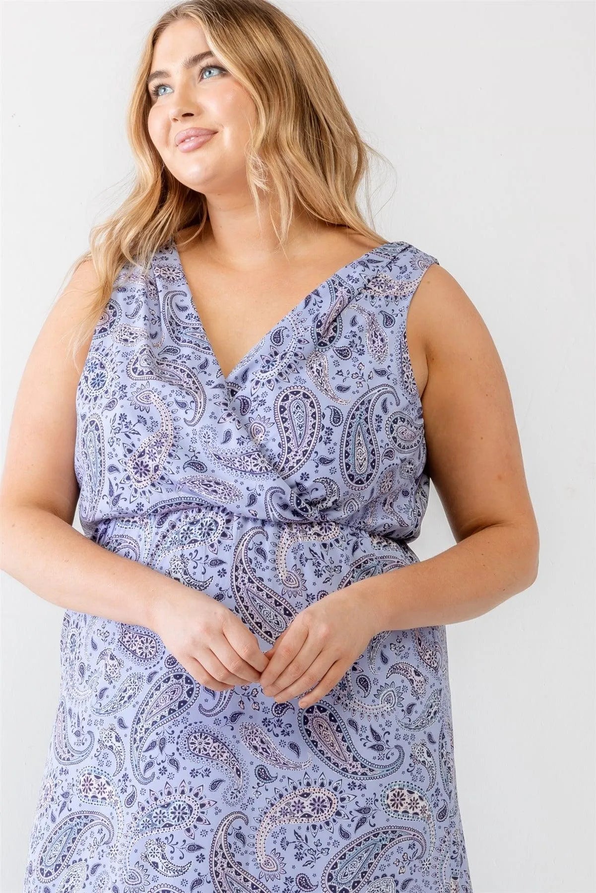 Junior Plus Lavender Paisley Wrap V-Neck Sleeveless Midi Dress /3-2-1 - Tasha Apparel Wholesale